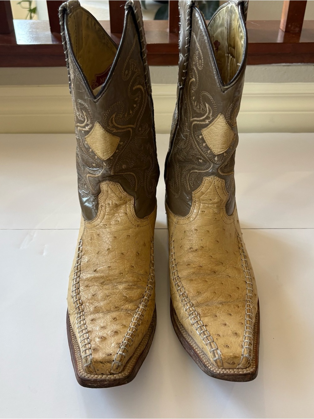 Red Diamond Ostrich Leather Cowboy Boots Mens 7 Tan Brown Square Toe Western